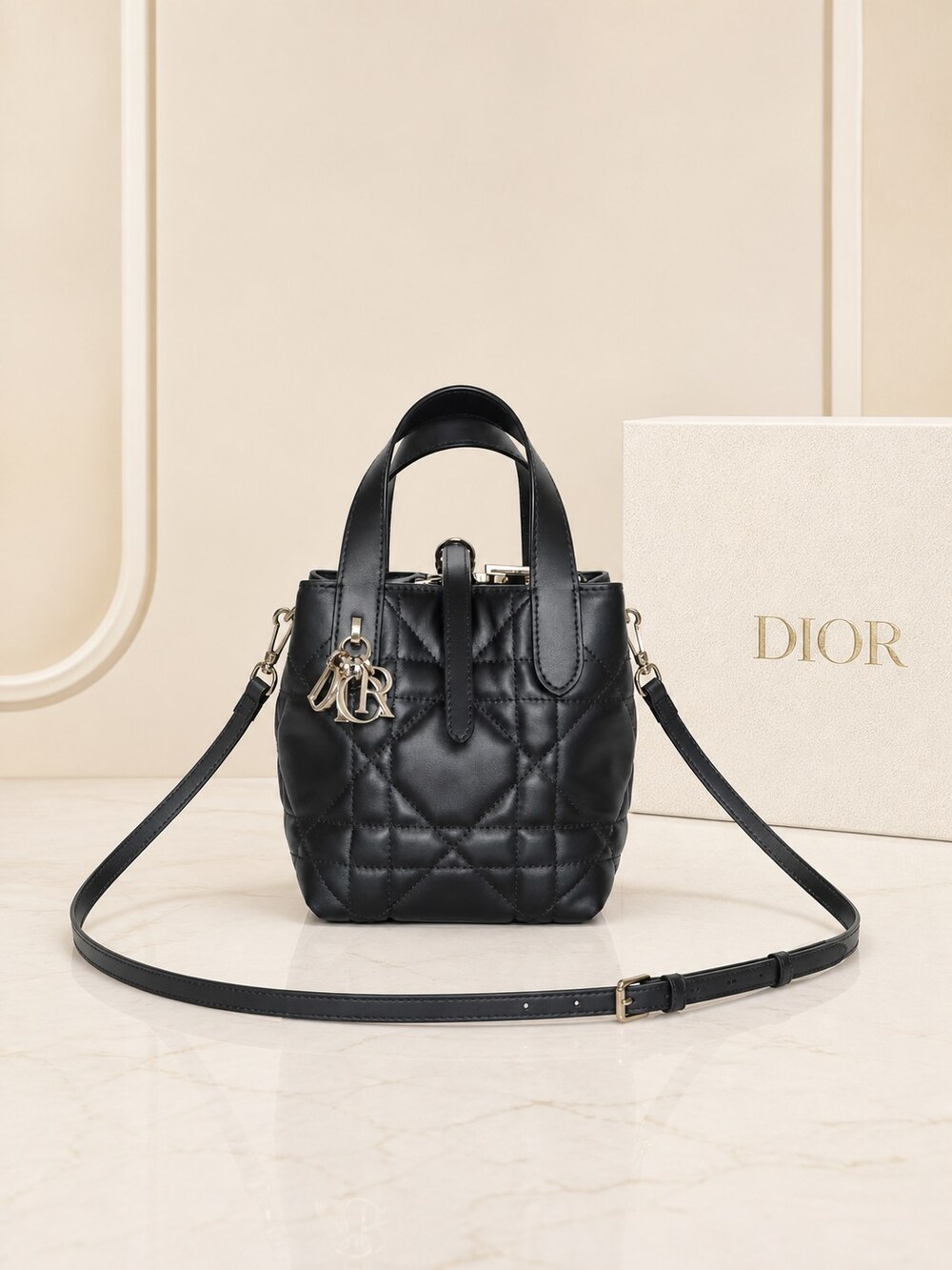 Dior Toujours Mini Vertical Tote in Black Cannage Calfskin
